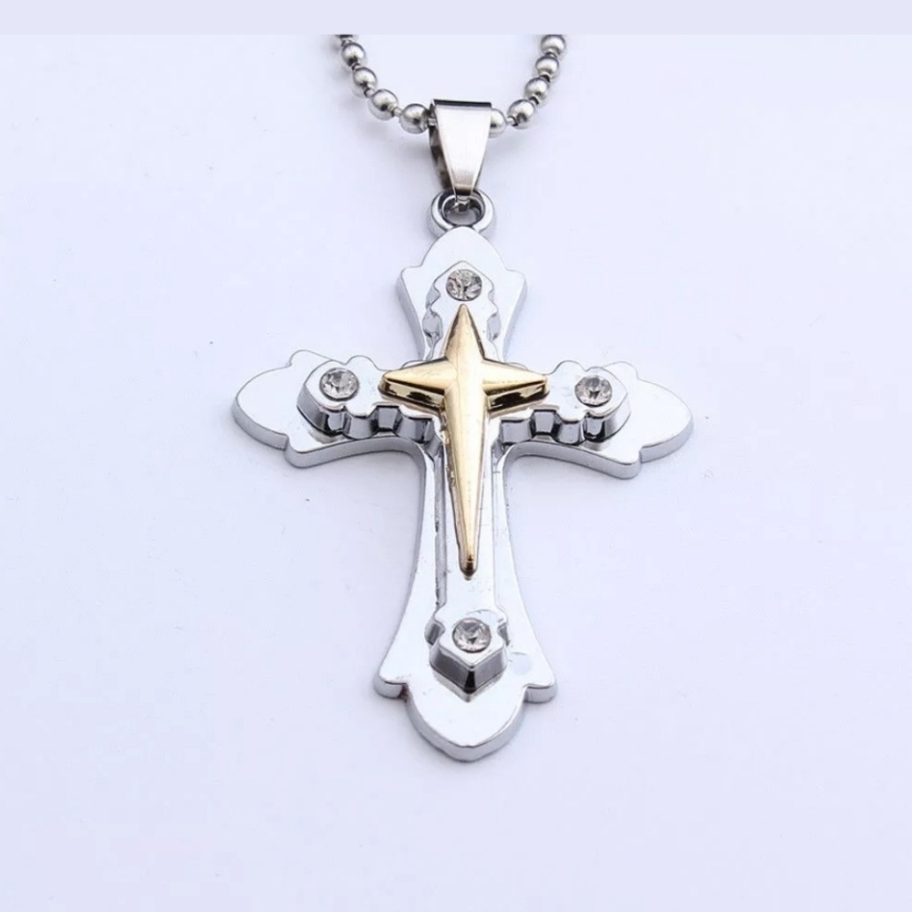 Layered silver and gold STAINLESS STEEL Cross. Hypoallergenic NEVER TARNISH